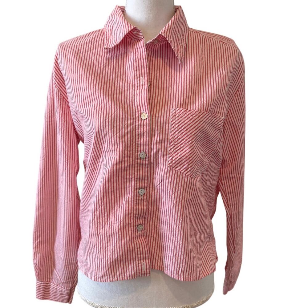 Chicos Striped Boxy Cropped Button Front Shirt Watermelon Stripe